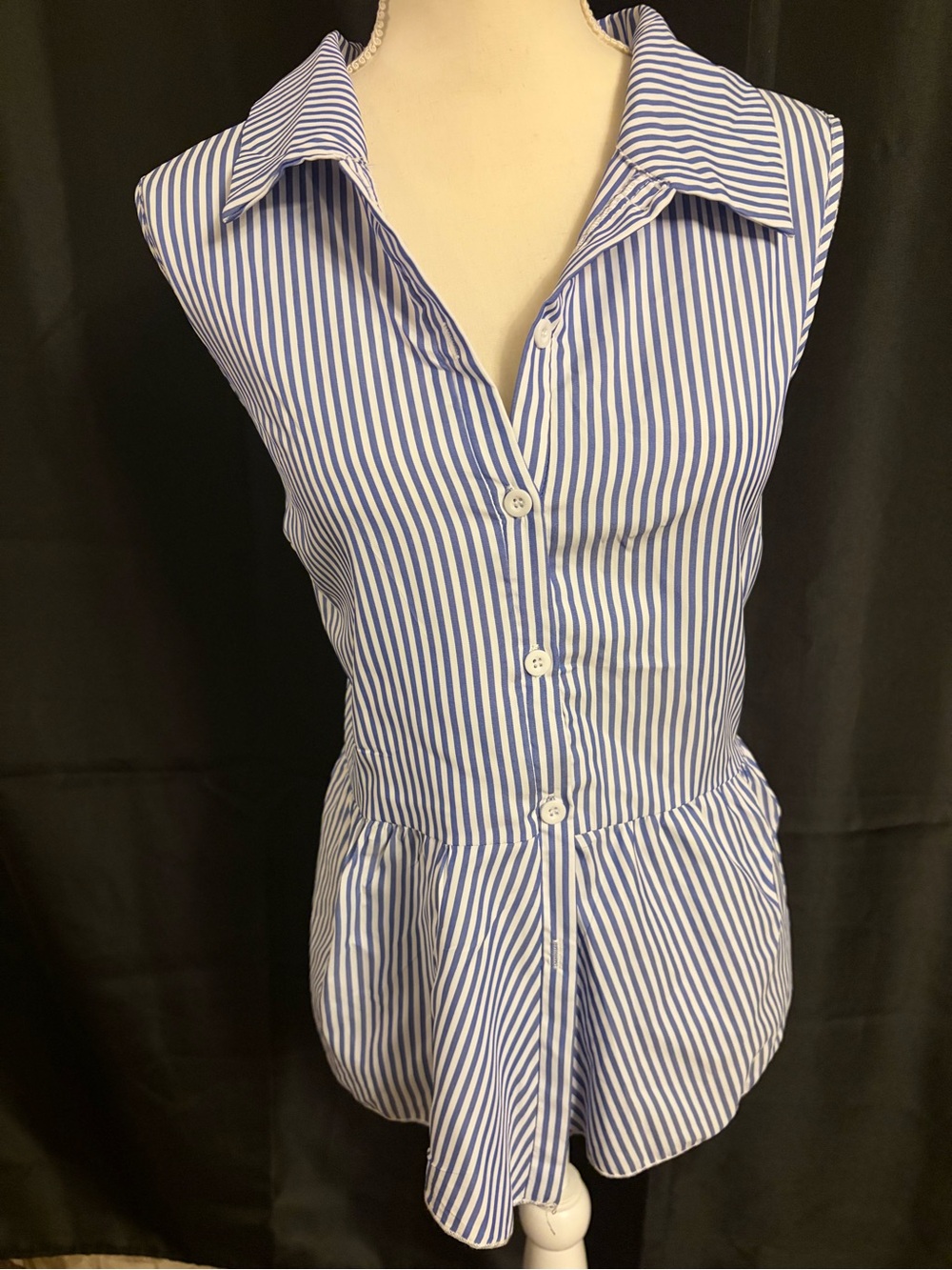 SHEIN Blue and White Striped Sleeveless Peplum Button-Up